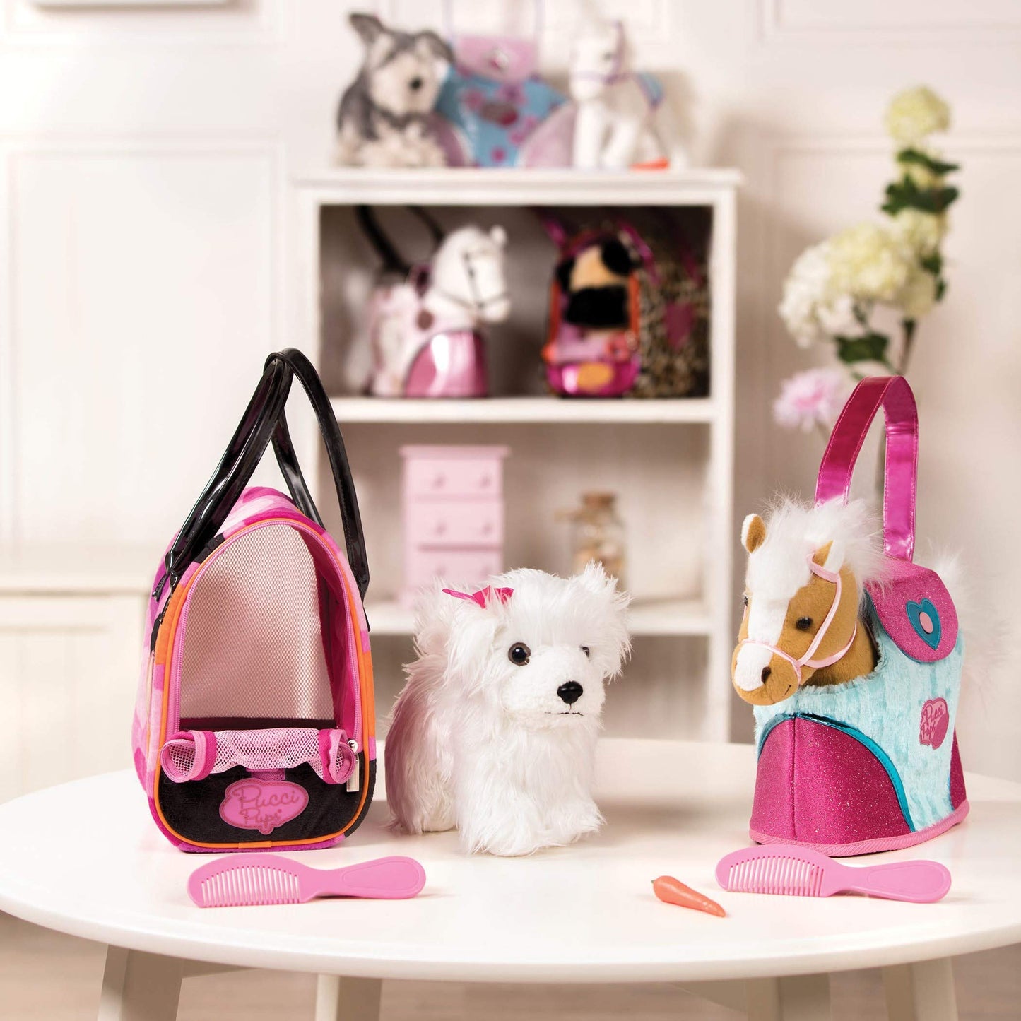 Pucci Pups – Plush Horse – Dog Carrier – Heart & Stripes Bag & Pony – Comb & Purse – Stuffed Animal – 2+ Years