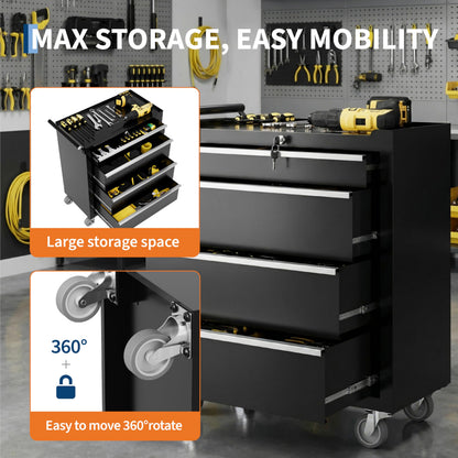 PeakPursuit 4-Drawers Rolling Tool Chest, Portable Tool Box with Wheels and Lock System, Secure Storage Cabinet for Warehouse, Workshop, and Repair Shop, Black