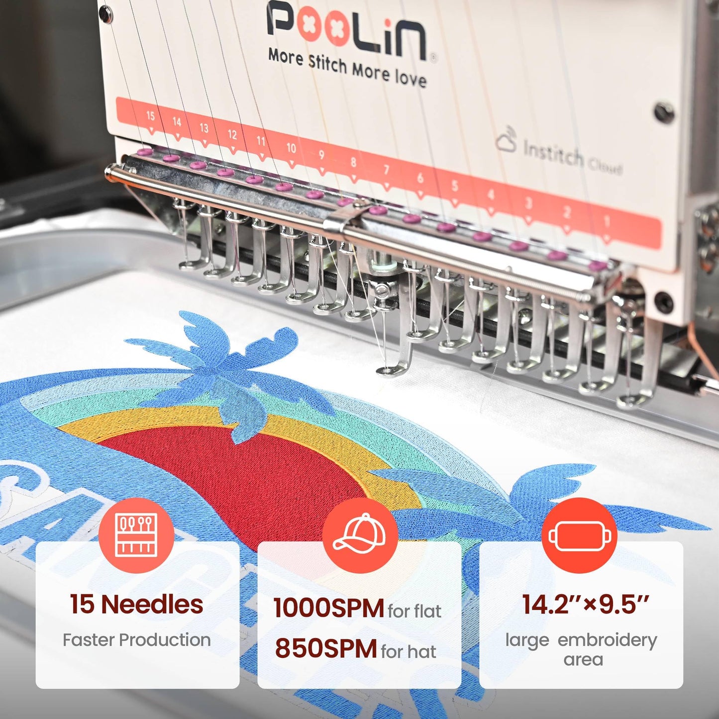 Poolin EOM 15-Needle Commercial Embroidery Machine,14.2"x9.5" Large Embroidery Area for Small Business User Friendly,for Hats,Cap & 3D Caps & Daily Orders,Auto Color Change & Trim,WiFi/USB Transfer