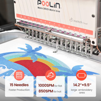 Poolin EOM 15-Needle Commercial Embroidery Machine,14.2"x9.5" Large Embroidery Area for Small Business User Friendly,for Hats,Cap & 3D Caps & Daily Orders,Auto Color Change & Trim,WiFi/USB Transfer