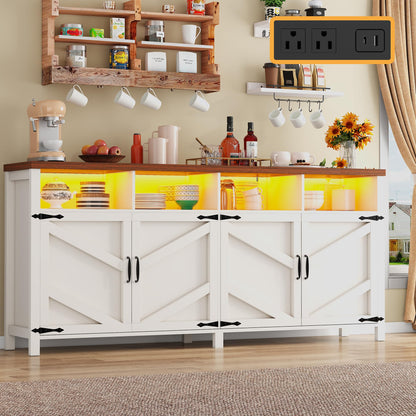 knoworld 63'' Buffet Sideboard with Storage with Power Outlets & LED Light 4 Doors, Large Farmhouse Kitchen Storage Cabinet Wood Coffee Bar Cabinet Buffet Table for Kitchen, Dining Room, Entryway