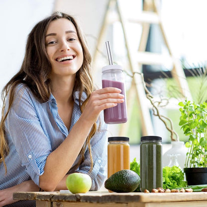 8 Pack Glass Juice Bottles with 8 Airtight Lids & 2 Straw Hole Lids & 2 Straws - 16OZ Travel Juicing Jars, Drinking Water Cups - Reusable Tall Mason Jar for Juice, Bubble Tea, Smoothie, Kombucha