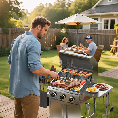 Electactic G31 Gas Grill, 3-Burner Gas Grill with Folding Side Tables,Stainless Steel 24,000 BTU BBQ Grill,Outdoor Propane Grill for Barbecue,Patio,Camping