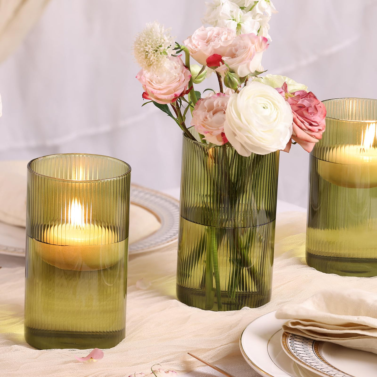 Glass Cylinder Bud vases for Centerpieces, 6 Inches Clear Ribbed Glass Vases Bulk for Wedding Table Decor, Loral Vase Bulk Flower vases, Tall Hurricane Candle Holder for Table Shelf, Party (Green)