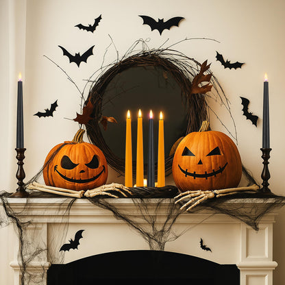 AFINETH Orange and Black Flameless Taper Candles Flickering, Real Wax Halloween Candles with 2 Remote & Timer, Battery Operated Halloween Led Candle for Party Home Decor 6 Pack