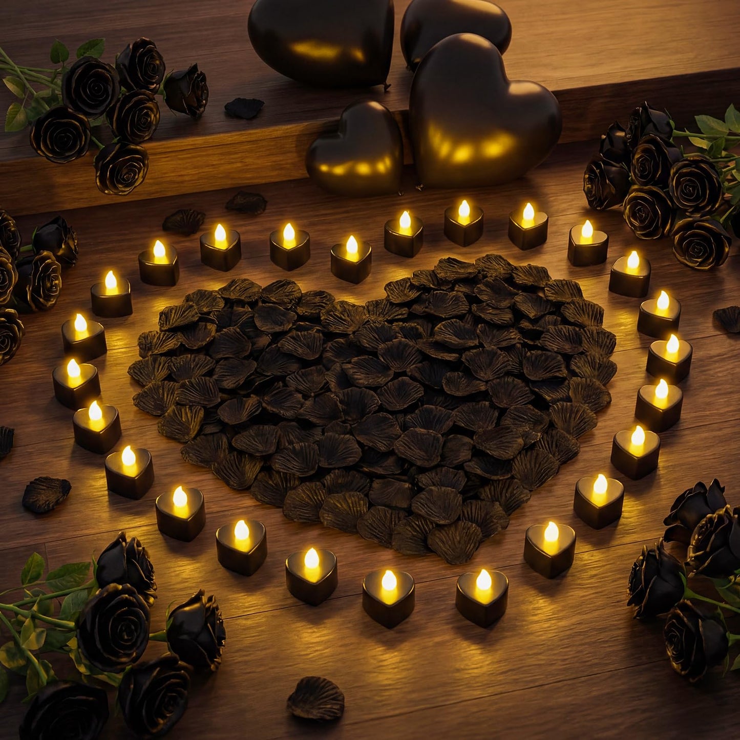 Honoson 1000 Pieces Artificial Rose Petals with 24 Pcs Flameless Heart Shaped LED Tealights Candles Special Romantic Night Decorations for Proposal Wedding Anniversary Table Decor (Black with White)