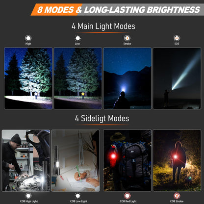 MOREVAC Flashlights High Lumens Rechargeable- Super Bright Tactical Magnetic LED Flash Light with 8 Modes,COB Work Light,Waterproof,Power Handheld Flashlight for Emergency,Hurricane,Hiking