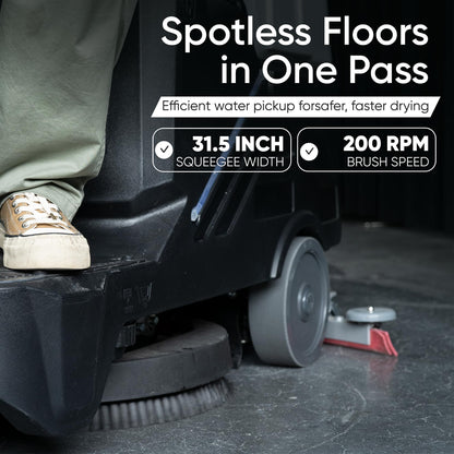 Battery Powered Ride-On Commercial Floor Scrubber Machine, 22" Brush, 31.5" Squeegee Width, 19 gal Solution Tank, 20 gal Recovery Tank, 5 hr Use 7 hr Charge, 200 RPM, 48,400 Sqft/H, Batteries Included