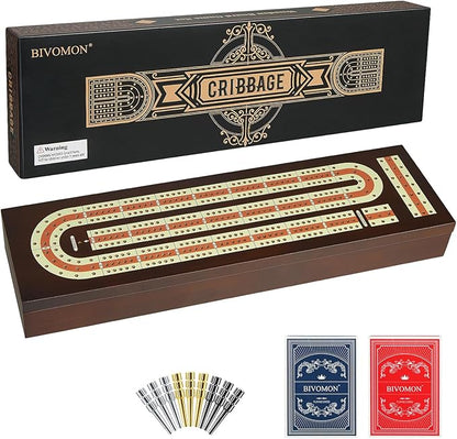 Cribbage Board Game Set Continuous 3 Track Wooden Board with Magnetic Lock 9 Metal Pegs 2 Playing Cards Large Storage Area Travel Portable Travel Cribbage Boards for Adult Child