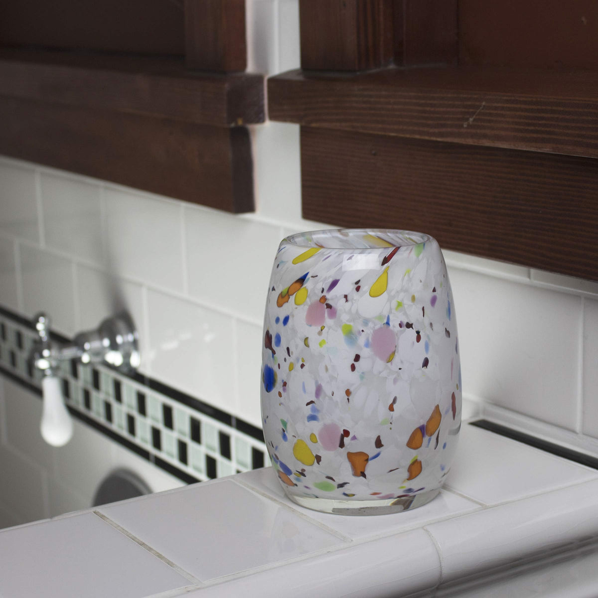 Totally Blown Glassworks Votive Candle Holder, Tea-Light, Handmade Blown Glass, Accent Vase, Centerpiece, Home Decor, Artist Dehanna Jones, Seattle, WA. (White Studio Confetti)