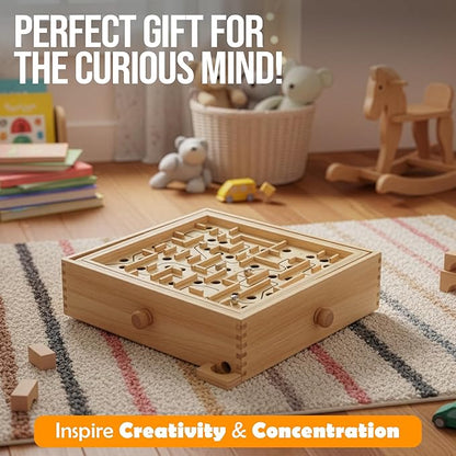 STERLING Wooden Labyrinth Marble Maze Game Large 12.75 x 11.5 Tilt Maze Game Board with 60 Waypoints and Marble Balls Included for Kids and Adults 6 Years and Up