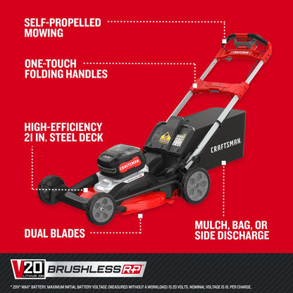 CRAFTSMAN V20 BRUSHLESS RP 21 in Rear Wheel Driver Mower, 2 x 9Ah Batteries and 2 Chargers Included, Up to 70 Min of Runtime, Self-Propelled, LED Headlights, Dual Blades (CMCMWSP320X2)