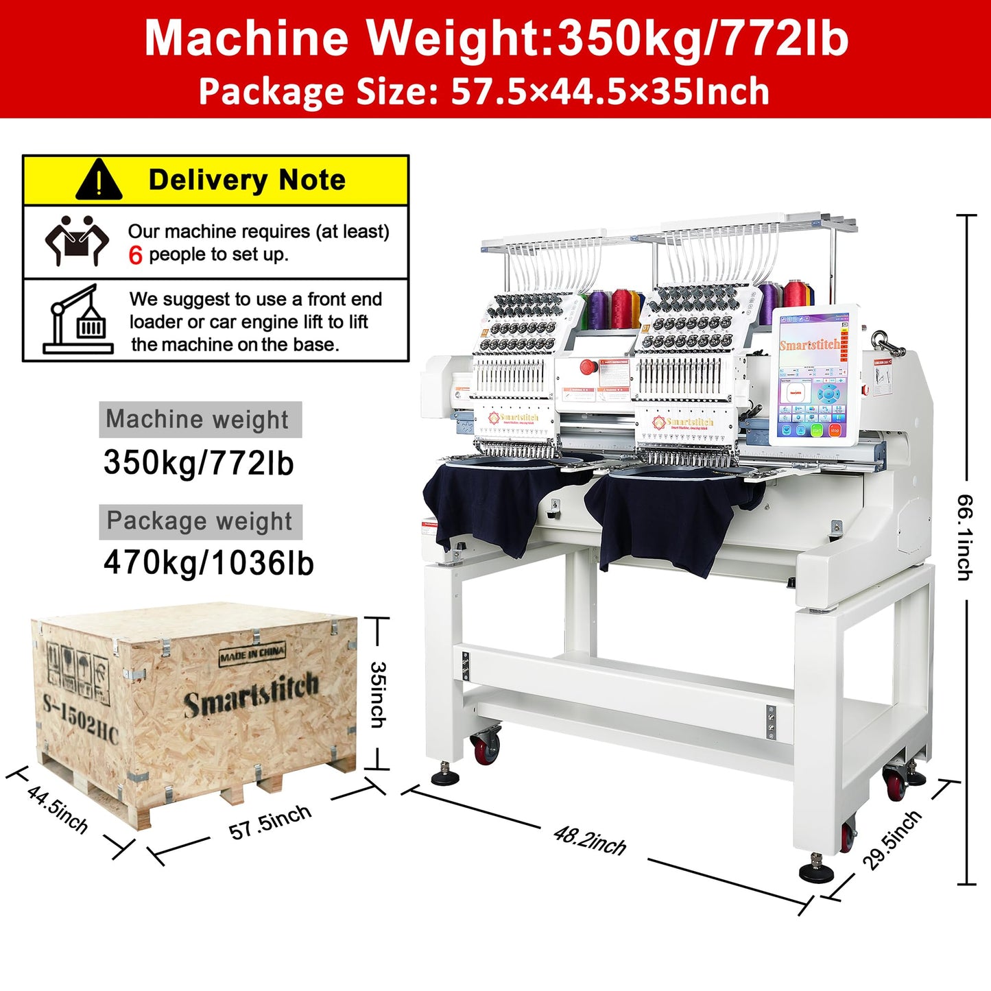 Smartstitch S-1502HC Beast Embroidery Machine with Two Heads 15 Needles each, 20"x16" Embroidery Area, 1200SPM Max Speed, 12" Touch Screen, Wifi available, Embroidering on Cap, T-shirt, Flat and more