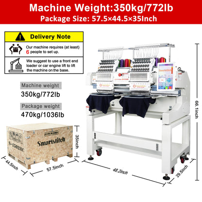 Smartstitch S-1502HC Beast Embroidery Machine with Two Heads 15 Needles each, 20"x16" Embroidery Area, 1200SPM Max Speed, 12" Touch Screen, Wifi available, Embroidering on Cap, T-shirt, Flat and more
