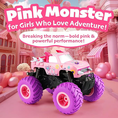 Threeking 1:16 Waterproof Pink RC Monster Truck Toys Amphibious Remote Control Car Pickup 4WD All-Terrain Toy Gift for Girls Ages 6 7 8 9 10 11 12 Durable Off-Road Fun for Indoor &amp Outdoor Play