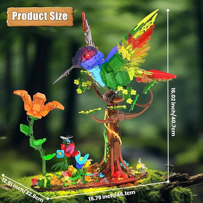 Hummingbird Building Blocks Set for Adults Boys Girls (1704 Piece) Animals Bird + Flower Natural Jungle Model with Lights Cool Mech Bird Home Decor Display Model Creative Birthday Gifts