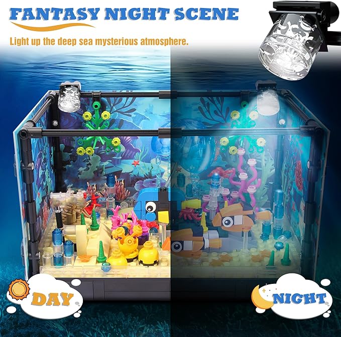 Jorumo Fish Tank Building Block Lighting Aquarium Building Sets for Adults and Kids Including Ocean Jellyfish Dolphin Turtle Crab Animal Building Toys for Boys Age 12+ 725pcs