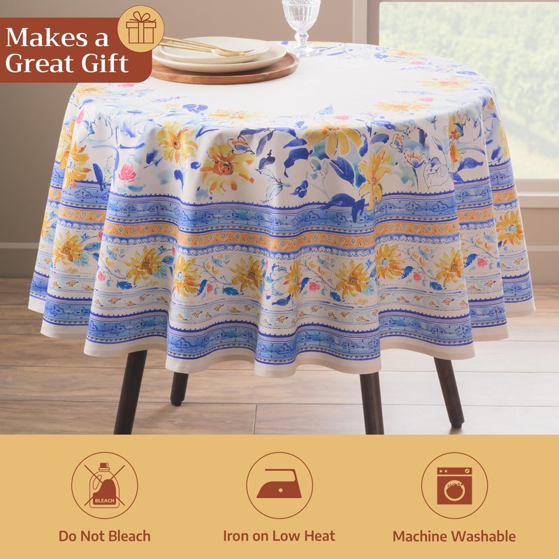 Maison d' Hermine Table Cloth Round Table 100% Cotton 63 Round Inches Tablecloth Reusable Decorative for Dining Kitchen Room Farmhouse Home Gifts for Mothers Day Spring Summer - Girassol