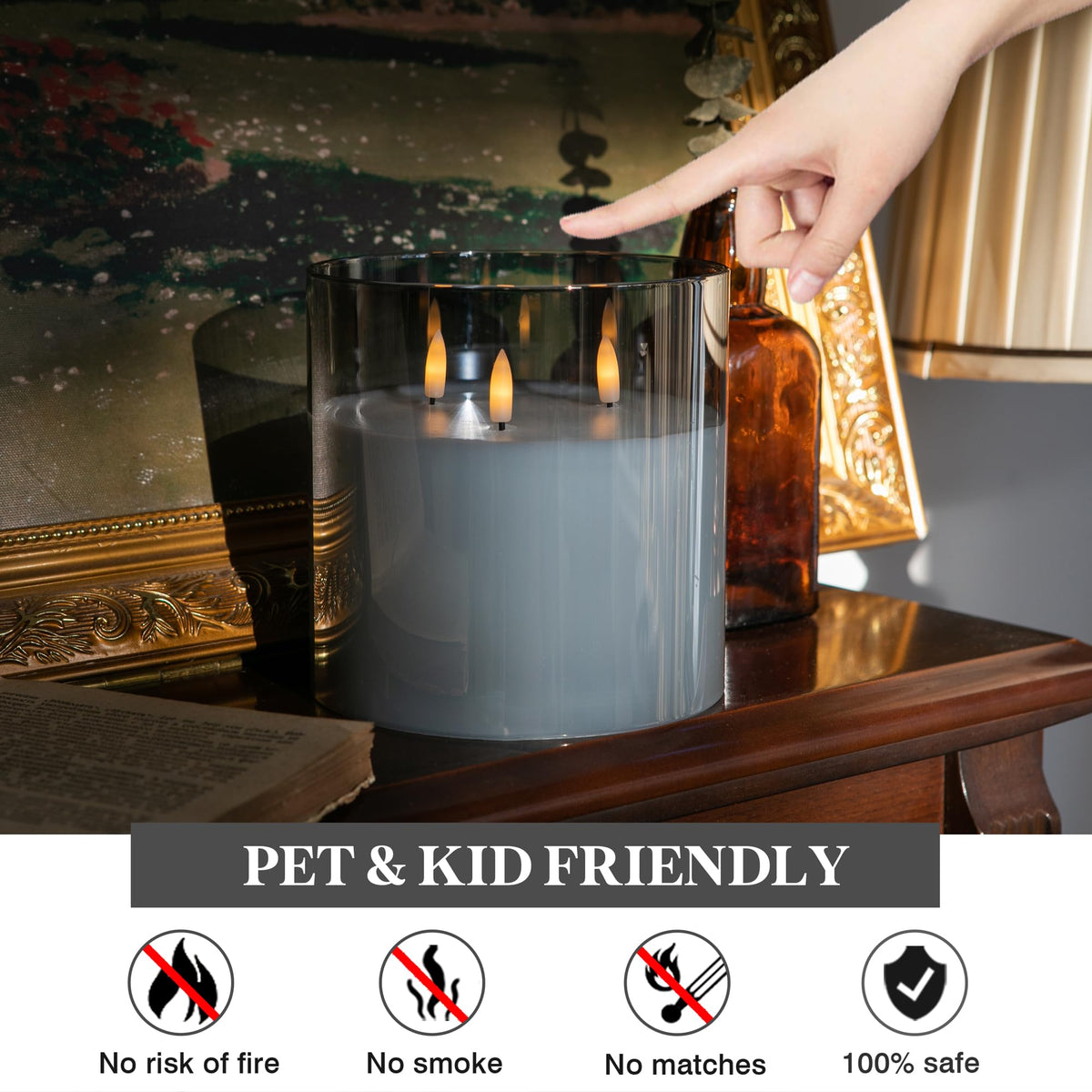 AFINETH Extra Large Flameless Candles with 3 Wicks, 6"x6" Glass Battery Operated Candles with Remote, Real Wax Flickering LED Candles Fake Candle for Home, Wedding, Party, Gray