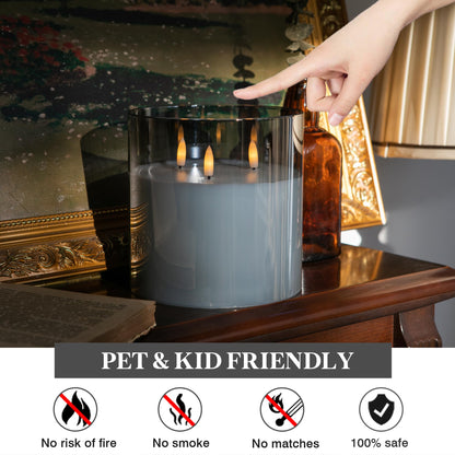 AFINETH Extra Large Flameless Candles with 3 Wicks, 6"x6" Glass Battery Operated Candles with Remote, Real Wax Flickering LED Candles Fake Candle for Home, Wedding, Party, Gray
