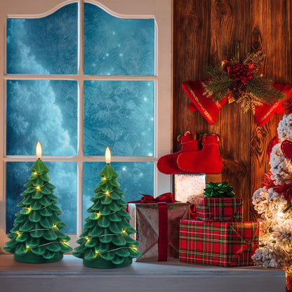 DRomance Christmas Tree Flameless Candles String Lights with 10-Key Remote and Timer, 2 Pack Green Real Wax Battery Operated 3D Wick LED Flickering Candles Dinner Holiday Indoor Decor(3" x 7.1")