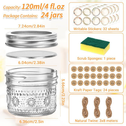 igoelove 4 oz Mason Jars with Embossed Pattern 24 Pack | Small Canning Jars with Airtight Lids | Mini Glass jars for Jams, Jelly, Honey, Spices, DIY Candles, Wedding Favors and Gift Packaging