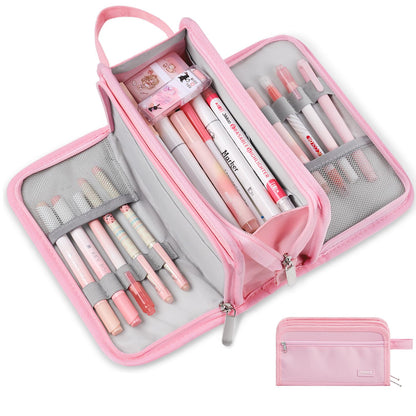 Sooez Large Pencil Case, Big Capacity Pencil Pouch Pen Bag with 3 Compartment, Portable Canvas Stationery Organizer with Zipper, Cute Aesthetic School Supplies for Teen Girls College, Pure Pink