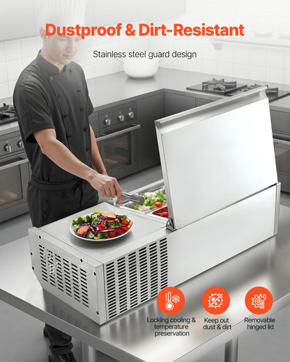 VEVOR Refrigerated Condiment Prep Station, 120 W Countertop Refrigerated Condiment Station, with One 1/3 Pan & Four 1/6 Pans, 304 Stainless Body and PC Lid, Sandwich Prep Table with Stainless Guard