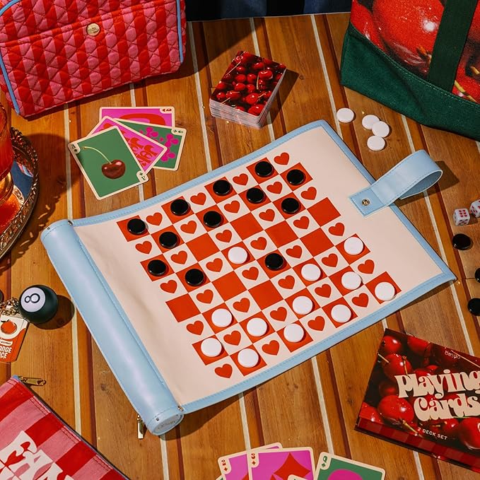ban.do Cute Travel Games 3 in 1 Board Games for Adults Checkers Backgammon Leatherette Activity Roll Checkered