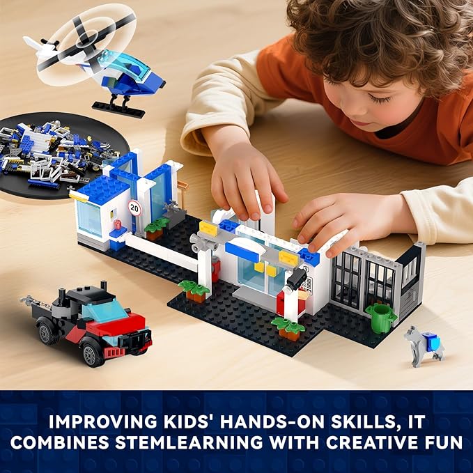 City Police Station Building Block Set with Light 634 PCS HQ Station Kits with Helicopter Police Car and Motorcycle. Ideal as a Birthday Holiday Collectible Gift for 6+ Fans Boys and Girls