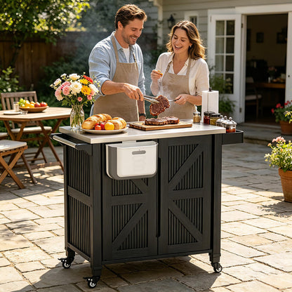 evixor Outdoor Grill Cart with Stainless Steel Tabletop, Outdoor Kitchen Island with Storage Cabinet, Grill Cart with Folding Trash Can, 4 Wheels (2 Lockable) for Patio, Backyard, Garden and Poolside