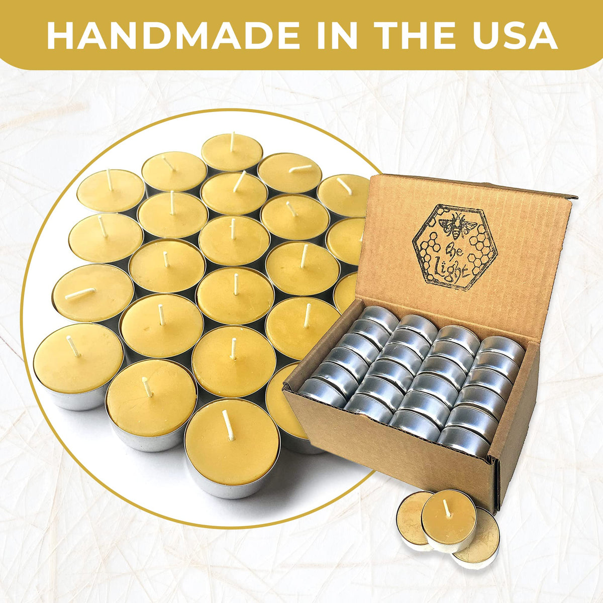 Pure Beeswax Tealights - Unscented Smokeless & Clean Burning Non-Toxic Tea Lights with Light & Natural Honey Scent, 4-Hour Burn Time, 1.5 x 0.5-Inch Handmade Candles, 48-Pack, by BeeTheLight