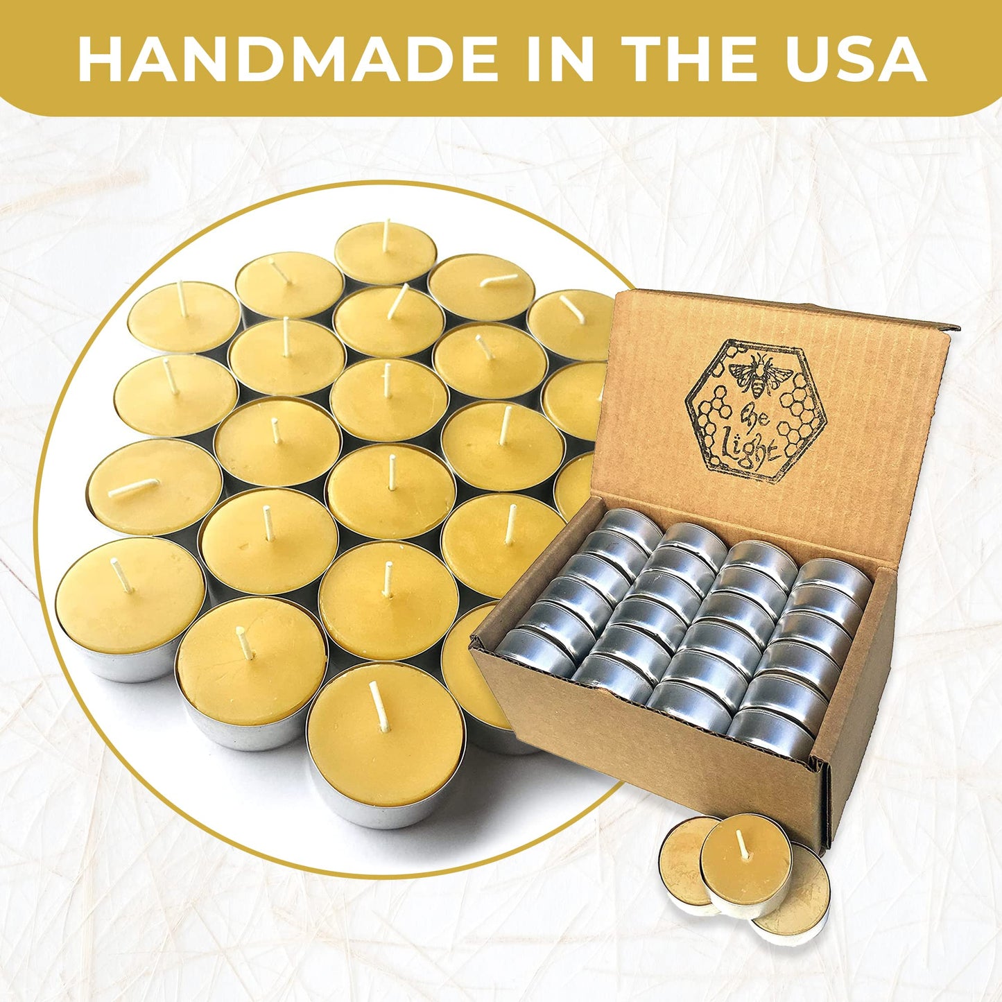 Pure Beeswax Tealights - Unscented Smokeless & Clean Burning Non-Toxic Tea Lights with Light & Natural Honey Scent, 4-Hour Burn Time, 1.5 x 0.5-Inch Handmade Candles, 24-Pack, by BeeTheLight