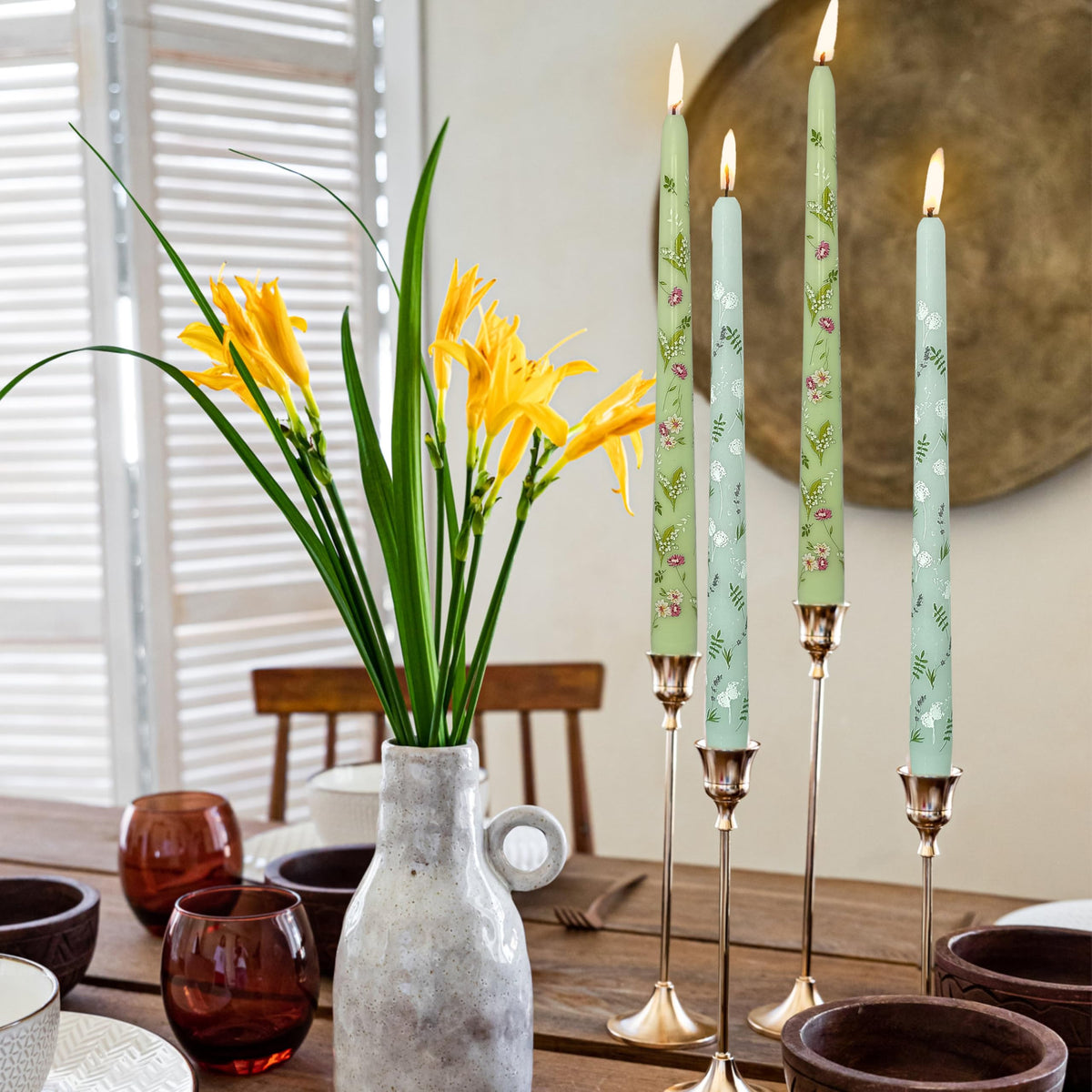 Printed Taper Candle Dripless Candles Sticks - 4 pcs Handmade Green Taper Candle 10 inches Long Tapered Candles for Home Party Wedding Restaurant Holiday Decor