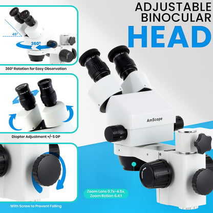 AmScope SM-3B Series Binocular Zoom Stereo Microscope - 3.5X-90X Magnification - Includes 80 LED Compact Ring Light & Single Arm Boom Stand
