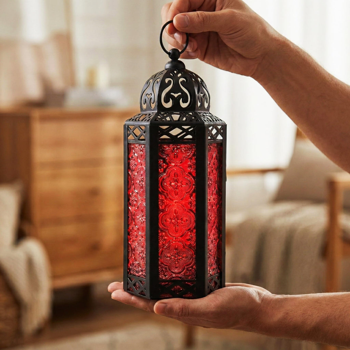 Mid Size Table/hanging Red Hexagon Moroccan Candle Lantern Holders