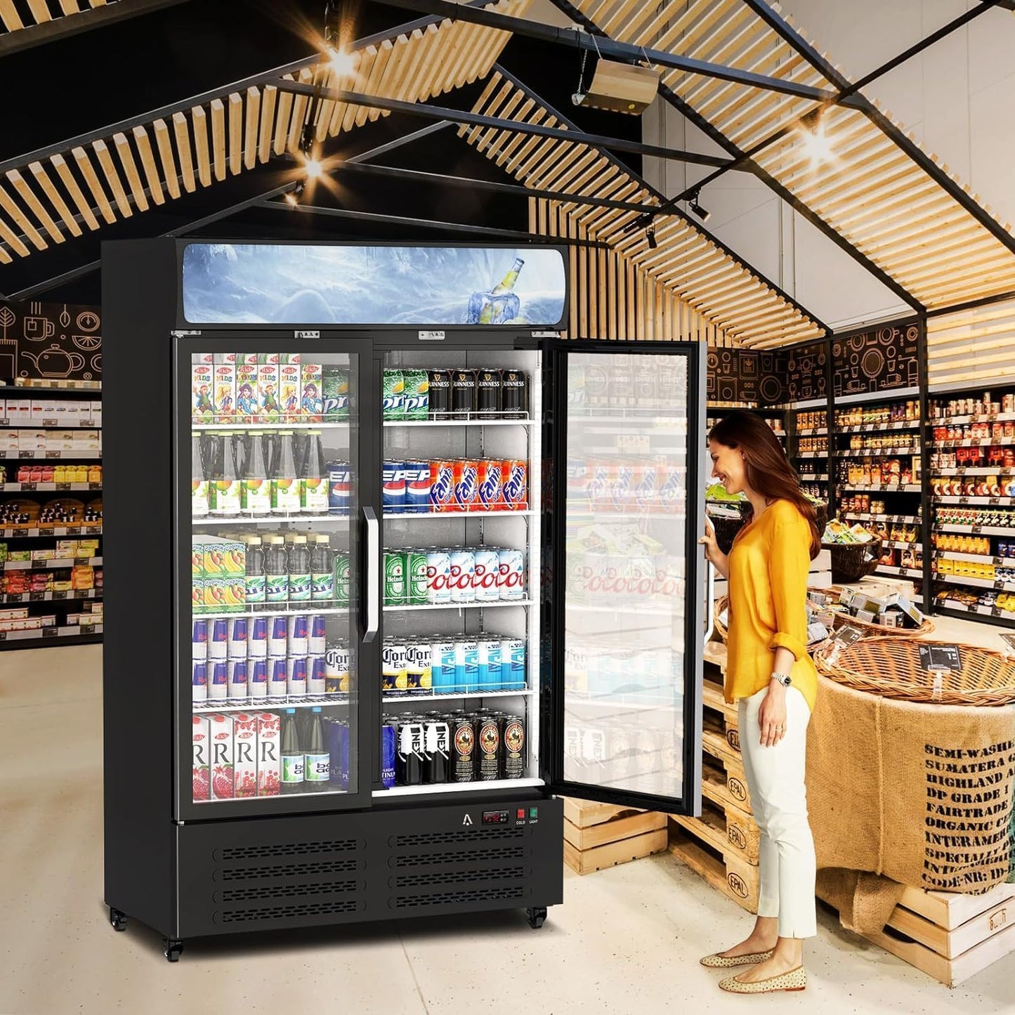 IDEALHOUSE Commercial Refrigerator, Commercial Merchandiser 26.8 Cu Ft Refrigerator, Refrigerator with 2 Glass Door and LED Light, Large Business Cooler for Home Restaurant Grocery Stores