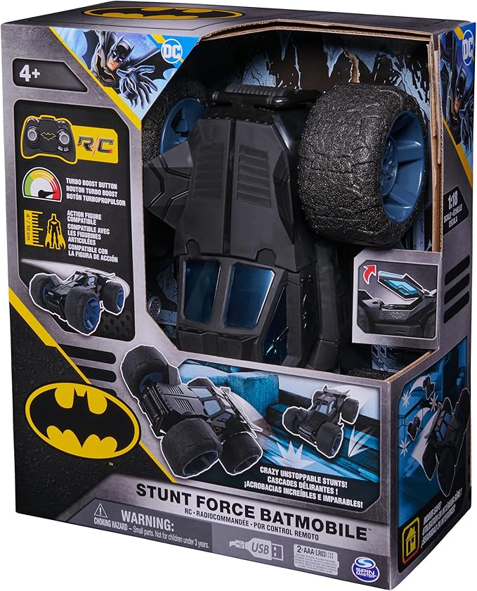 DC Comics Batman Stunt Force Batmobile Indoor Remote Control Car Turbo Boost &amp Crazy Stunts Collectible Super Hero Kids Toys for Boys and Girls 4 and Up