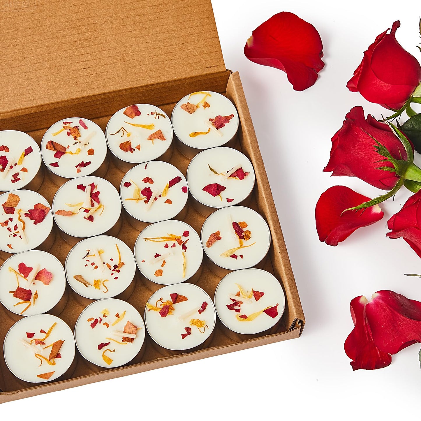 Crenovo Rose Scented Tealight Candles 16 Pcs, 6-7 Hours Soy Tea Lights Candles with Dried Flower Petals, Non-Toxic Smokeless Small Candles Bulk for Weddings, Home Decor, Spa