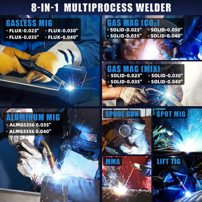 AZZUNO 8 in 1 200A MIG Welder+Lift TIG Welding Gun WP-17V(35-50mm²), 110V/220V Welder Machine Flux Core MIG/Gas MIG/MAG/Aluminum MIG/Spot MIG/Lift TIG/Stick Welding/Spool Gun Compatible