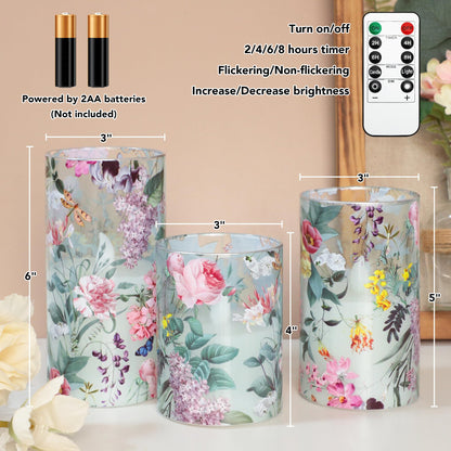 Silverstro Floral Flameless Candles with Remote Timer, Pink Rose and Lilac Pattern LED Glass Candles, Battery Operated for Home Party Wedding Christmas Spring Valentine's Day Decor, Set of 3