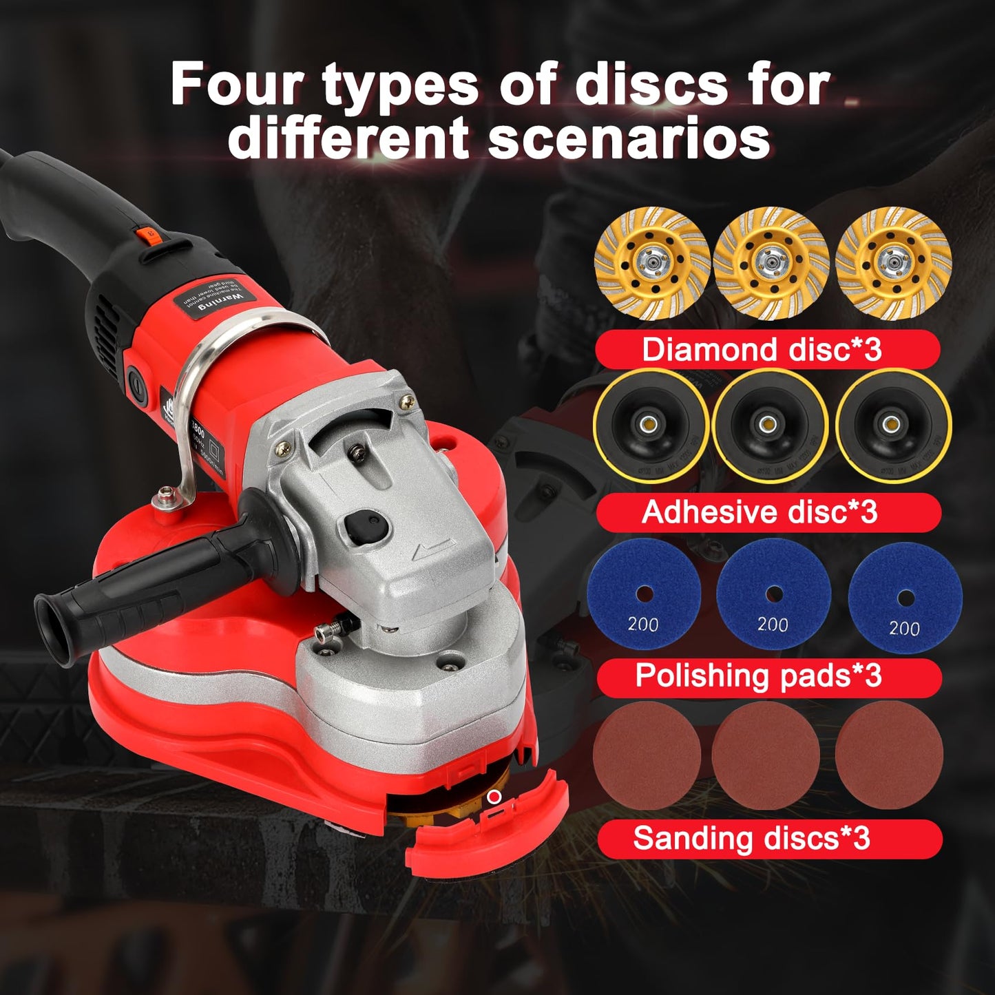 4-Head Electric Diamond Polisher Machine, 8" grinding diameters and 3pcs Diamond Grinding Wheels, 3800W Concrete Grinder for Polishing Stone Concrete Surface, Metal Descaling and Thinset Removing