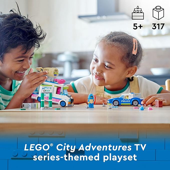 LEGO City Ice Cream Truck Police Chase Van 60314 Toy for Kids Girls and Boys Age 5 Plus Years Old with Splat Launcher &amp City Police Car