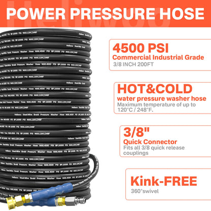 Heliwoo 3/8" Pressure Washer Hose 200 FT, Hot and Cold Water Power Washer Hose Max 248°F, Commercial Industrial Grade Steel Wire Braided Kink Proof Extension Hose -4500 PSI