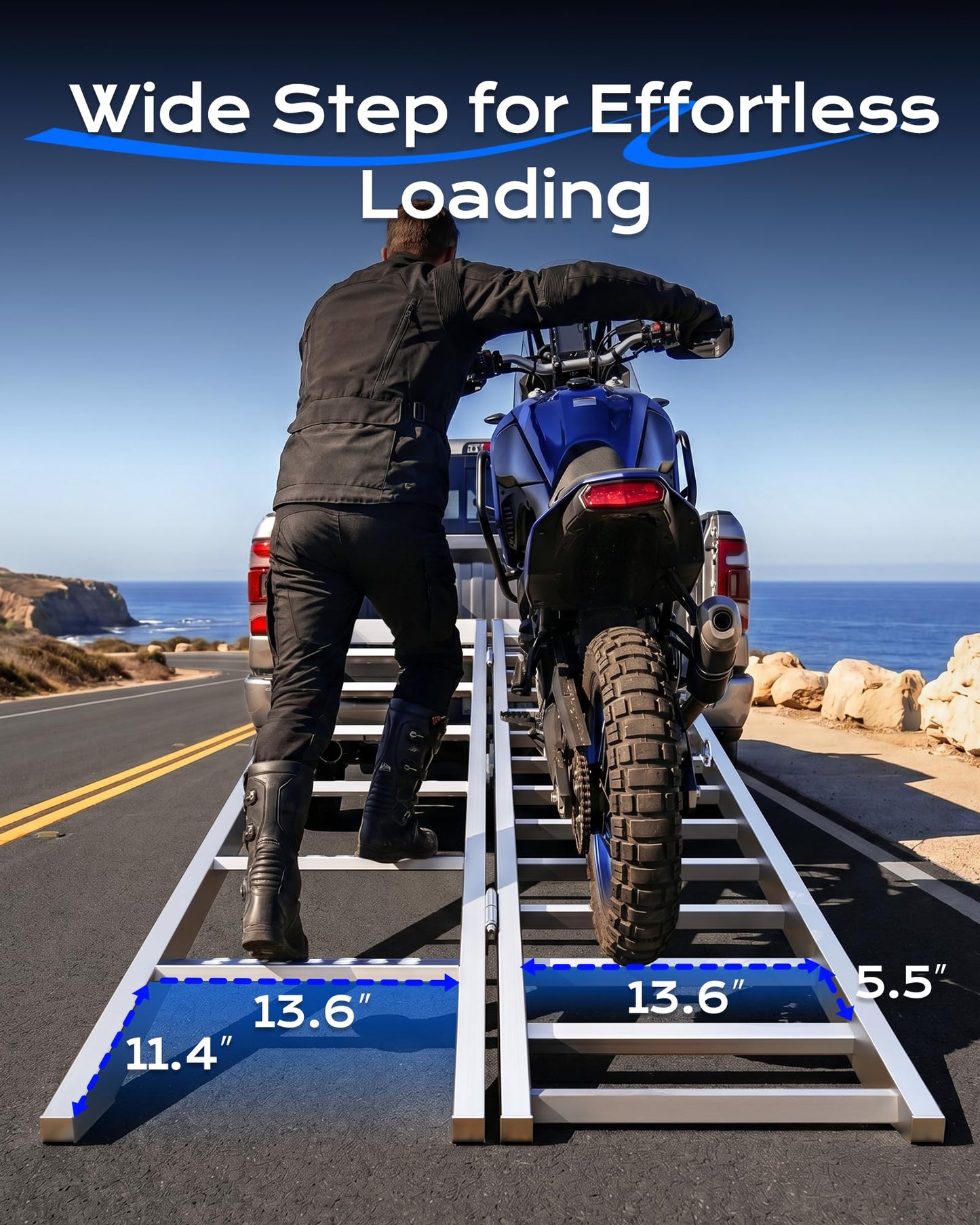KOLOTOOL 81" Aluminum Motorcycle Loading Ramp with Walking Steps, 32.5" Wide Heavy Duty Folding Ramp for Trucks & Trailers, 900 lbs Bike Capacity & 400 lbs Person Support, Portable Loading Equipment