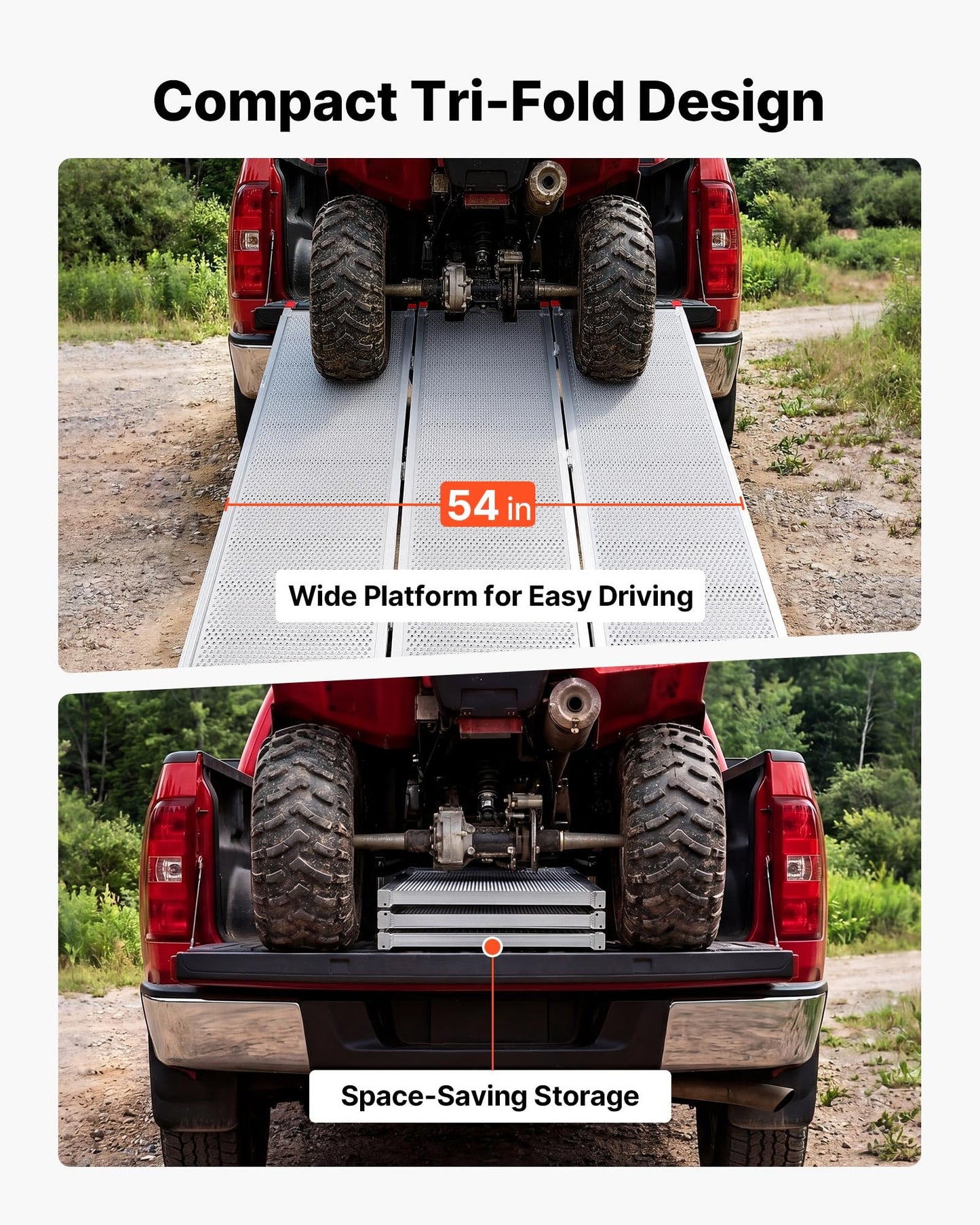 VEVOR Aluminum Trailer Ramps, 76 x 54 in Tri-Folding Truck Ramps with Straps & Non-Slip Rubber Fingers, 1500LBS Capacity ATV Loading Ramps for Pickup Trucks, Motorcycles, Lawn Mowers, Tractors, Carts