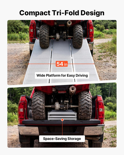 VEVOR Aluminum Trailer Ramps, 76 x 54 in Tri-Folding Truck Ramps with Straps & Non-Slip Rubber Fingers, 1500LBS Capacity ATV Loading Ramps for Pickup Trucks, Motorcycles, Lawn Mowers, Tractors, Carts