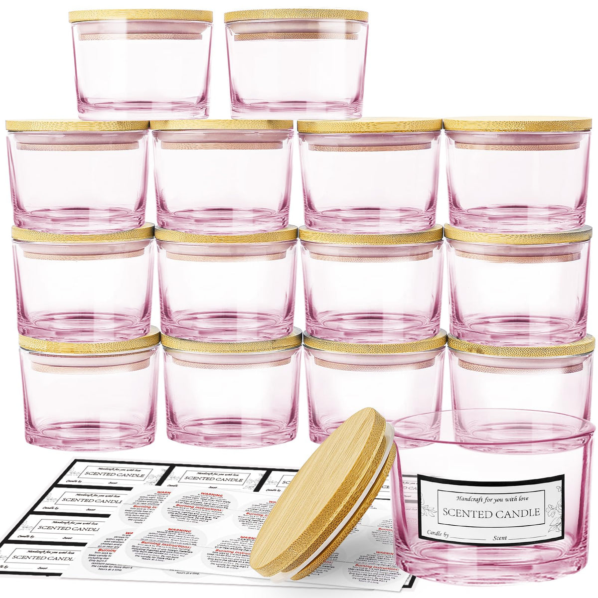 CONNOO 15 Pack 4 OZ Pink Glass Candle Jars with Airtight Bamboo Lids for Making Candles, Bulk Small Wide Mouth Empty Candle Containers with Sticky Warning Labels - Dishwasher Safe