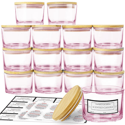 CONNOO 15 Pack 4 OZ Pink Glass Candle Jars with Airtight Bamboo Lids for Making Candles, Bulk Small Wide Mouth Empty Candle Containers with Sticky Warning Labels - Dishwasher Safe
