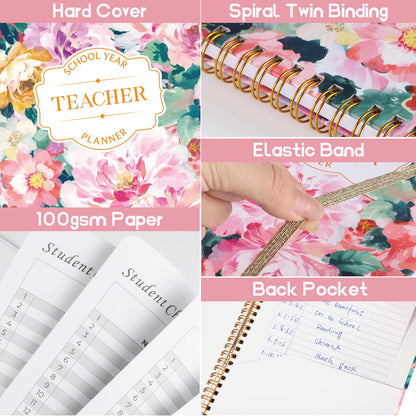 Teacher Planner 2026-2027, 7x10'' Undated Lesson Planners Teacher Planner Academic Year with Elastic Band, Back Pocket for Classroom or Home school Use，Watercolor Floral